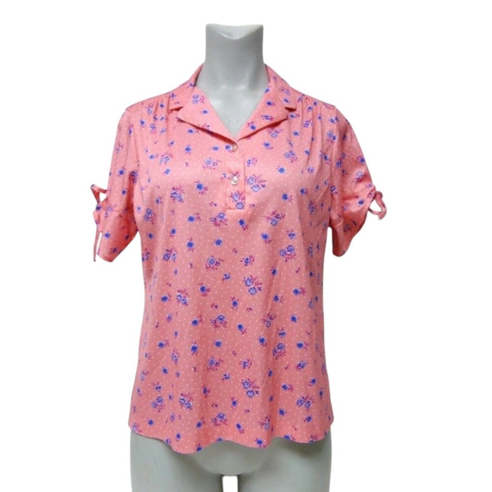 70s Pretty Tops pink floral print blouse . large